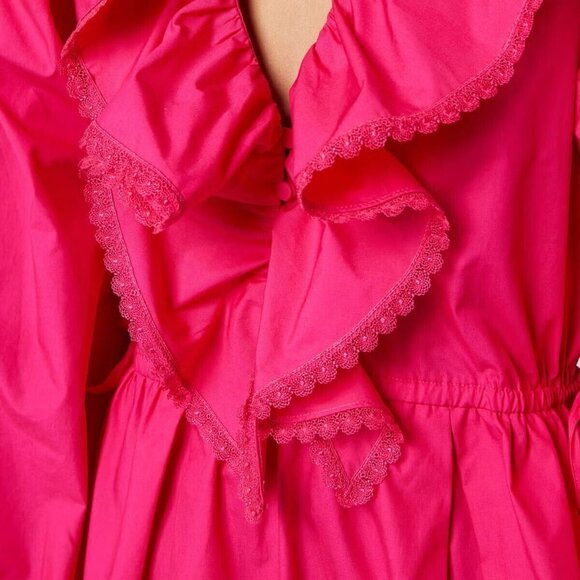 NWT Self-Portrait Fuchsia Pink Lace Ruffled Cotton-poplin Mini Dress 4 - Picture 2 of 16